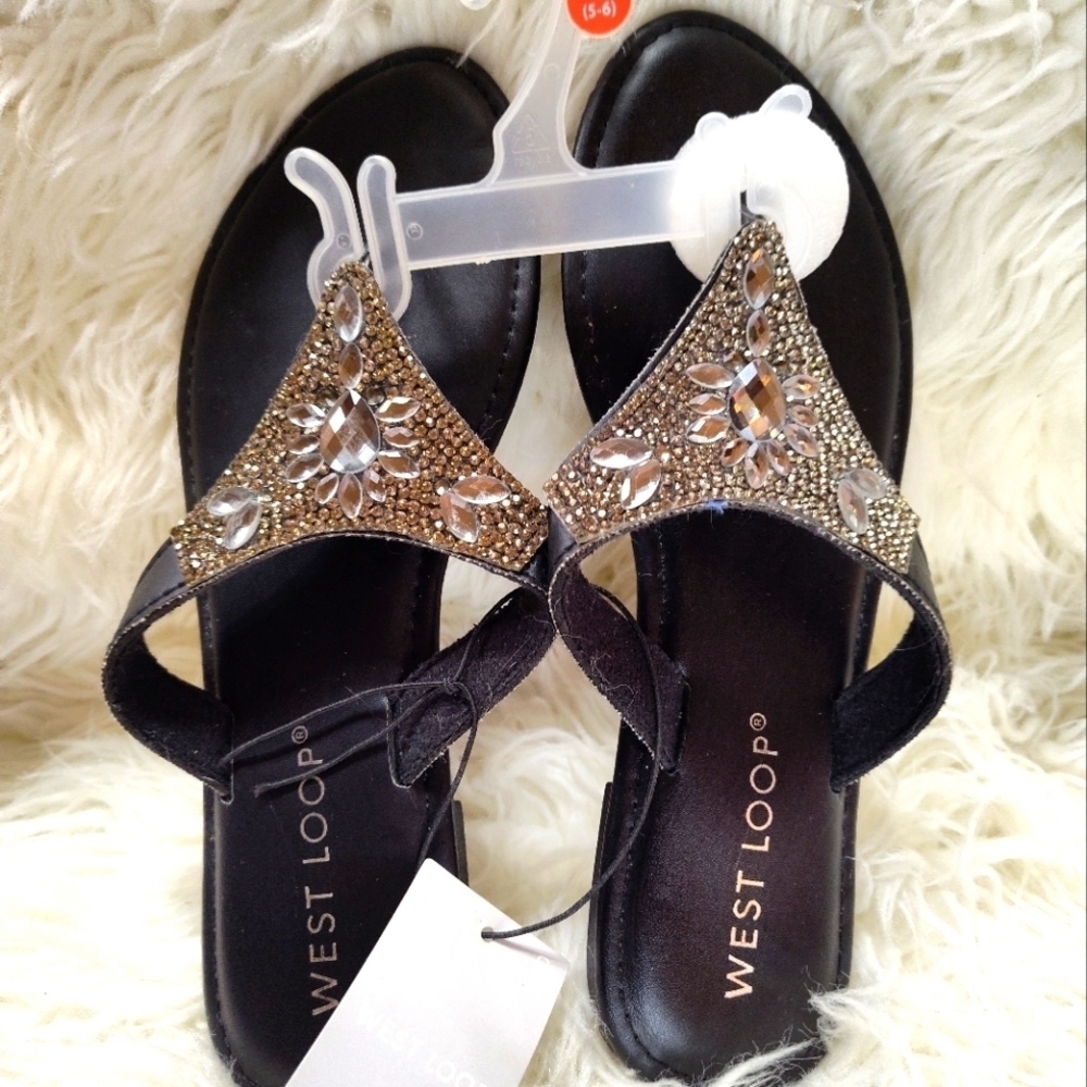 West Loop Black Leather Rhinestone Sandals Size Small